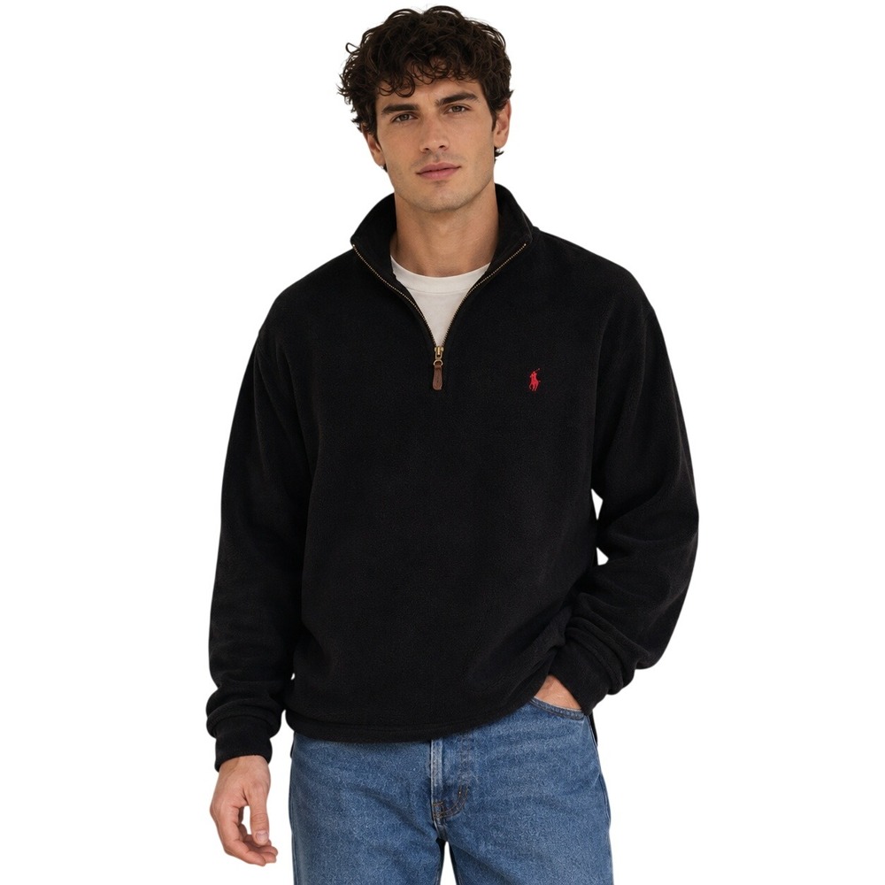 Polo Ralph Lauren Men Black Fleece Quarter Zip Size XL Pullover Pony Logo Preppy